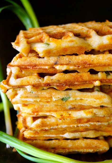 Bacon-Cheddar-Savory-Waffles Savory Waffle Recipe Dinners, Corn Waffle Recipe, Parmesan Waffles, Waffles For Dinner, Cheddar Waffles, Dinner Waffles, Savory Waffle Recipe, Onion Leeks, Savory Waffles