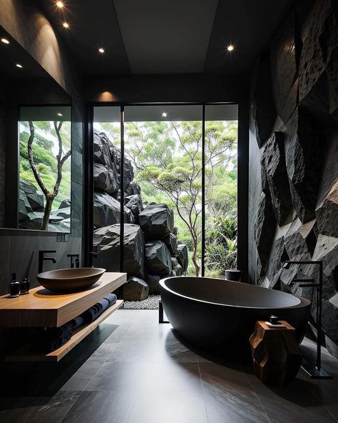 A sanctuary of serenity, crafted with a commitment to sustainability. ✒️ @black_design_journal & @naira_interior_official Follow @breckandfox for more! Dark Green Bathrooms, Black Bathtub, Casa Hobbit, Bathroom Design Black, Bathroom Retreat, Black Interior Design, Room Goals, Green Bathroom, Bath Tub