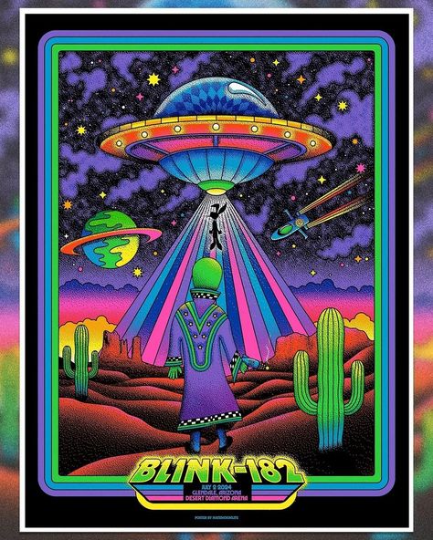 @natemoonlife Hey mom, there’s something in the backroom. Hope it’s not the creature from above ✨ 👽 I am excited to share with you all my poster art for last nights Blink-182 show in Arizona. I saw Blink-182 for the first at ny first concert at the ripe age of 8 in ‘99. They played in their underwear and I thought they were awesome. I would play out the Mark, Tom and Travis show on my discman on the bus to school. Saw them numerous times in years to follow, and even got in school suspension... Mark Tom And Travis Show, Blink 182 Art, School Suspension, In School Suspension, My Morning Jacket, Trey Anastasio, Blacklight Posters, Black Light Posters, Screen Print Poster