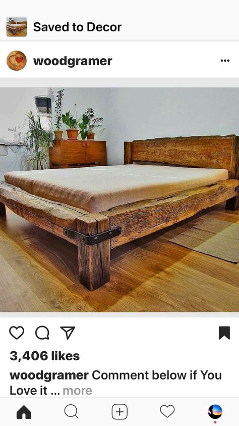 Jarrets bed? Rustic Bed Frame, Koti Diy, Diy Bed Frame, Log Furniture, Rustic Bedding, Tikal, Wood Beds, Rustic Bedroom, Wooden Bed