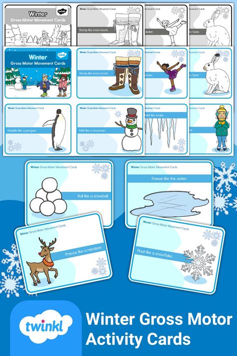 Our Winter Gross Motor Activity Cards are a fun activity to get children moving during the cold winter months! Each card features a different winter illustration and gross movement. This resource is fun for a large group activity. This resource addresses the following standard: TEKS Physical Education K.2, 1.2, 2.2. Winter Gross Motor Activities Preschool, Arctic Gross Motor Activities, Arctic Animals Preschool Activities Gross Motor, Winter Gross Motor, Winter Themed Gross Motor Activities, Movement Cards, Gross Motor Activity, Winter Activities Preschool, Winter Activities For Kids