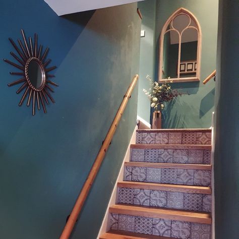 Stairs and hallway painted deep teal oak wood treads with d-fix floor tile on stair faces bright and colourful Colourful Stairs, Blue Hallway Ideas, Teal Hallway, Stairs And Landing Ideas, Stairs Modern, Blue Hallway, Landing Ideas, Hallway Makeover, Dc Fix