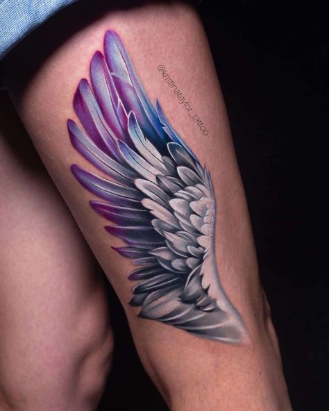 Giant Thigh Tattoo Colorful Idea Best Friend Wing Tattoos, Angel Wings Tattoo Color, Colorful Angel Tattoo, Colorful Angel Wings Tattoo, Woman With Wings Art, Colored Wing Tattoo, Colorful Wings Tattoo, 3d Wings Tattoo, Colored Wings Tattoo