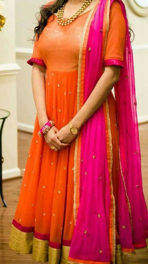 Orange pink combination Orange Pink Outfit, Pink Combination, Combination Dresses, Designer Anarkali Dresses, Saree Bollywood, Punjabi Fashion, Dress Models, Long Gown Dress, Long Dress Design