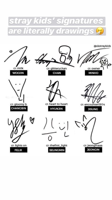 Skz Signatures Ot8, Skz Handwriting, Skz Signatures, Bangchan Signature, Stray Kids Signature, Skz Shoes, Straykids Tattoo Ideas, Kid Inspired Tattoos, Stray Kids Shoes