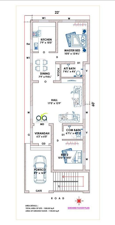 20x60 West Facing House Plans, 22x60 House Plan, Small House Design Floor Plan, Smart House Plans, 30x50 House Plans, South Facing House, House Plan Design, Budget House Plans, North Facing House