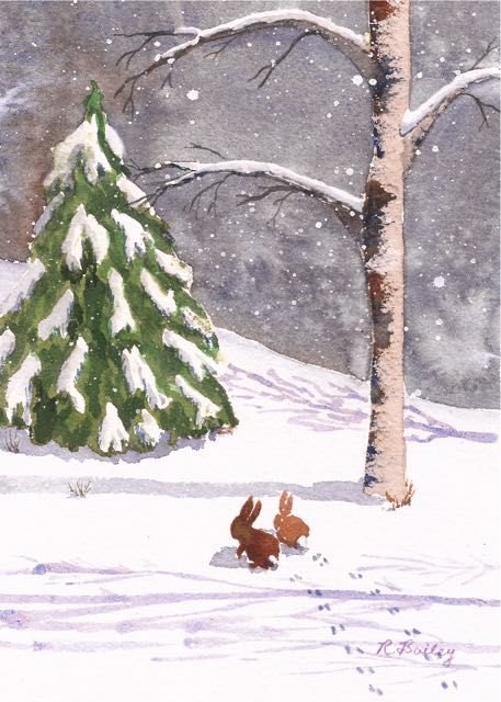 Bunny In Snow Painting, Snow Bunny Painting, Bunnies In Snow, Animals In Snow Painting, Winter Bunny Illustration, Winter Bunny Wallpaper, Winter Background Drawing, Perfume Moodboard, Winter Wonderland Painting