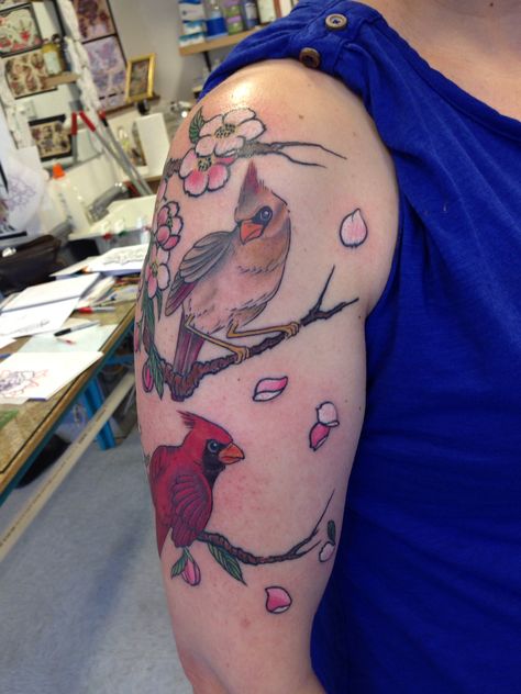 Cardinal and cherry blossom tattoo Tattoo Cherry Blossoms, Tattoo Cardinal, Tattoo Cherry, Cardinal Tattoo, Cardinal Tattoos, Cherry Tattoos, Blossom Cherry, Traditional Style Tattoo, Cherry Blossom Tattoo