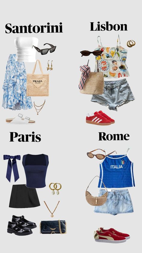 Vacation outfits #santorini #lisbon #paris #rome #summer #asthetics #pilatesprincess #cute #greece #italy #portugal #france Summer In Rome Outfits, Lisbon Outfit, Portugal Outfits Summer, Santorini Greece Outfits, Lisbon Portugal Outfit, Portugal Outfits, Summer In Italy Outfits, Paris Vacation Outfit, Italy Summer Outfits