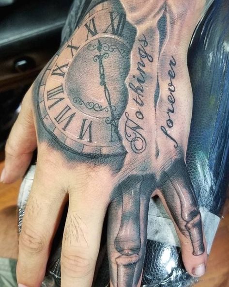 47 Excellent Clock Tattoos For Hand - Find tattoos for different body parts at TattoosBag.com #tattoos #tattooideas #butterflytattoos Left Hand Tattoo, Tattoo Main, Tatuaje Trash Polka, Tattoo Boy, Herren Hand Tattoos, Hand Tatto, Simple Hand Tattoos, Small Wave Tattoo, Tattoo Ideas Males