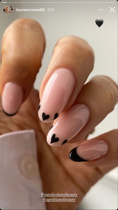 Nail Design February, Not Basic Valentines Day Nails, Black French Tip Nails Almond With Heart, Black Nail Paint Ideas, Nails For Each Month, Nails Inspiration February, French Manicure Valentine Nails, Easy Valentine Nails, Valentine’s Day French Tip Nails