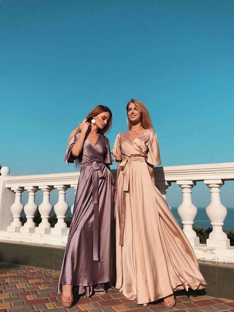 Champagne Wrap Dress Flutter Sleeve Long Dress Silk Maxi | Etsy Bridesmaid Wrap Dress, Long Dress Silk, Flattering Dress Styles, Light Pink Bridesmaids, Emerald Green Velvet Dress, Bridesmaid Wrap, Wrap Dress Bridesmaid, Boho Gown, Dress Bridesmaids