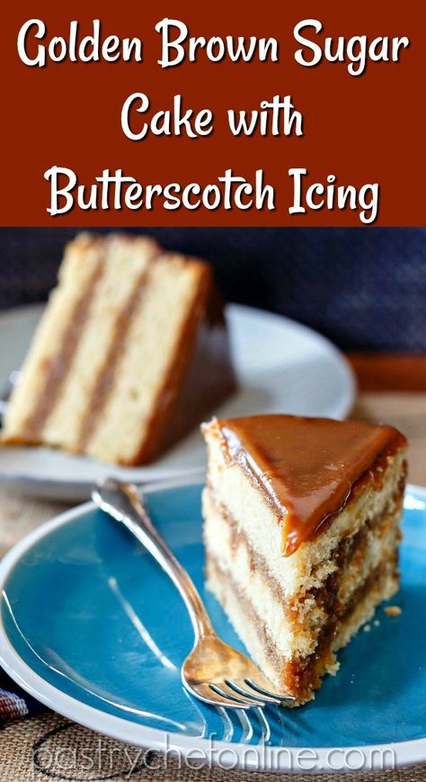 Three layers of old fashioned yellow cake doused in homemade butterscotch icing that sets up into a soft and sliceable butterscotch candy. If you are a fan of butterscotch flavor, you'll want to make this butterscotch cake recipe. #cakerecipes #butterscotchcake #oldfashionedcakerecipes #butterscotch #pastrychefonline.com Butterscotch Caramel Cake, Butterscotch Layer Cake, Butterscotch Filling For Cake, Butterscotch Fluff, Butter Scotch Cake Designs, Butterscotch Filling, Butterscotch Icing, Butter Scotch Cake, Butterscotch Glaze