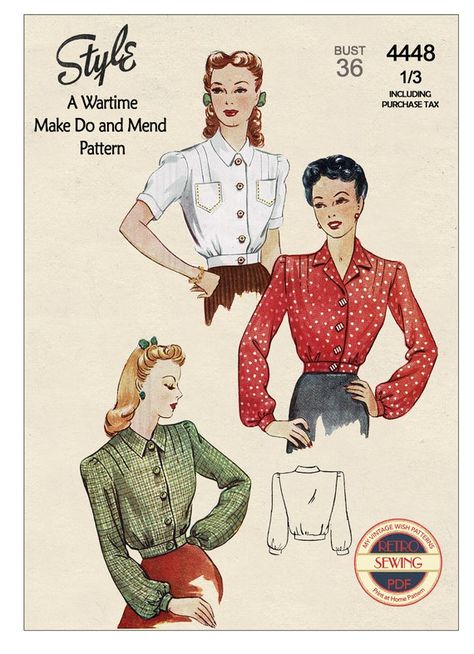 40s Blouse, 1940s Blouse, Sewing Guide, Jumper Knitting Pattern, Make Do And Mend, Make Do, Motif Vintage, Simple Blouse, Simple Shirts