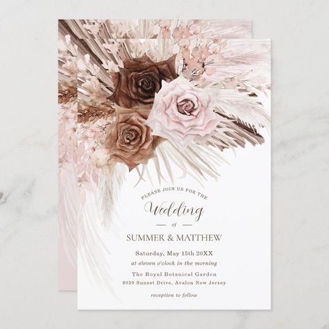 Pampas Grass Wedding Invitation, Brown Roses, Pampas Grass Wedding, Garden Reception, Winter Wedding Colors, Grass Wedding, Wedding Invitations Boho, Desert Wedding, Pampas Grass