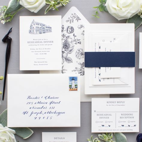 These Connecticut River Museum wedding invitations feature classic typography in navy letterpress on soft white cotton paper. Special touches, like a floral envelope liner, hand calligraphy, and a custom illustration of The Griswold Inn in Essex, Connecticut, elevate the classic feel of the invitation suite. Wedding Invitations Navy Blue, Southern Wedding Invitations, Essex Connecticut, Wedding Invitations Navy, Floral Envelope Liner, Equestrian Wedding, Deco Wedding Invitations, Venue Sketch, Floral Envelope