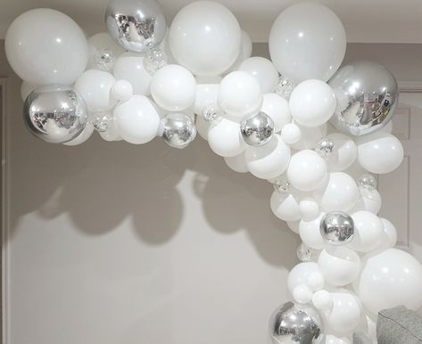 White And Silver 21st Party, White And Silver Balloon Arch, White Silver Balloon Garland, White Silver Balloons, Silver And White Balloons, Balloon Accents, Baloon Garland, Slumber Party Decorations, Rooftop Proposal