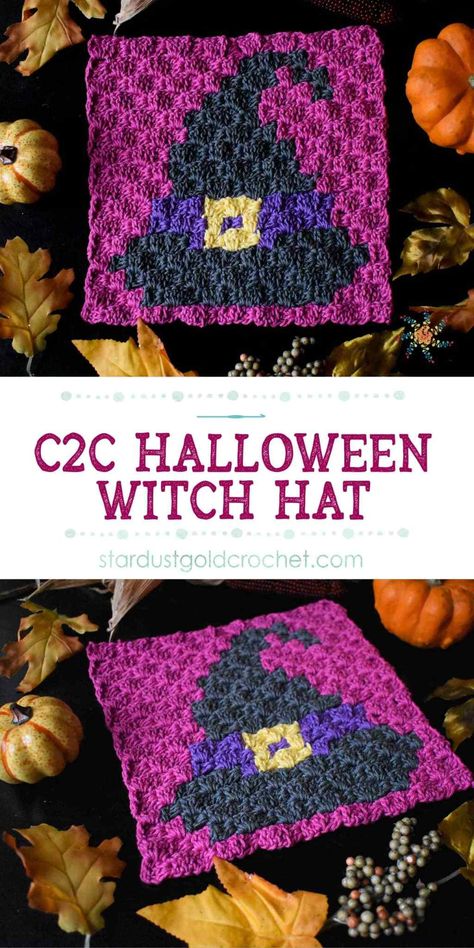 Witch Hat C2C Square | Part 4 of 8 Halloween Crochet Blanket & Wall Hanging – Stardust Gold Crochet C2c Halloween, Halloween Crochet Blanket, Halloween Granny Square, Halloween Afghan, C2c Squares, Creepy Crochet, Crocheted Halloween, Spooky Crochet, Blanket Wall Hanging