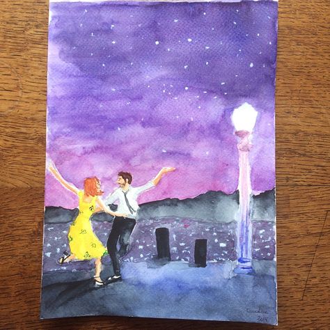 Sound Of Music Watercolor, Watercolor Harry Styles, La La Land Painting Ideas, Movie Inspired Paintings, Lala Land Painting, Broadway Watercolor, La La Land Crafts, Lalaland Painting, La La Land Drawing