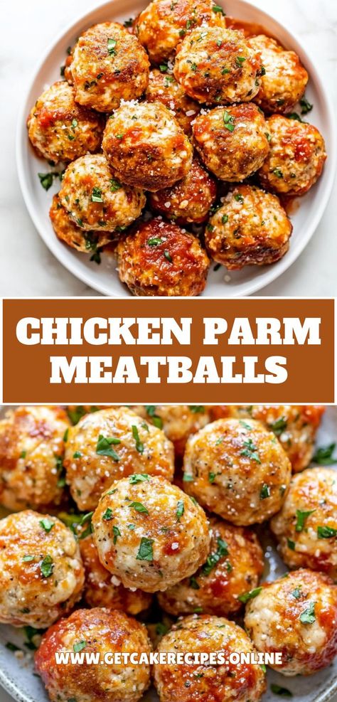 Chicken Parm Meatballs - Creamy, healthy meatball recipe with ground chicken perfect for quick dinners. Chicken Parm Appetizer, Meatball Appetizer Recipes, Healthy Ground Chicken, Weeknight Meal Ideas, Chicken Parm Meatballs, Chicken Meatballs Healthy, Meatball Appetizer, Chicken Parm Recipes, Ground Chicken Meatballs