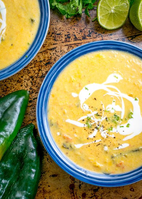 This Corn and Poblano Soup has a perfect balance between the corn and the roasted poblanos. A drizzle of cream and a final dash of acidity turn it into a keeper! mexicanplease.com Corn And Poblano, Poblano Soup, Soup Potato, Corn Cream, Easy Corn, Mexican Dinner, Corn Soup, Soup Recipes Slow Cooker, Savory Soups