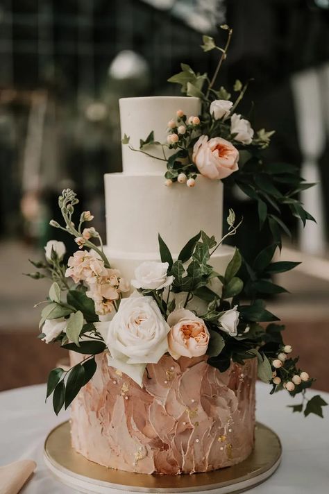 Three Tier Cake With Flowers, Sage Blush Wedding Cake, Sage Pink Gold Wedding, Wedding Cakes Pink And Green, Wedding Cake Three Tier Flowers, Blush And Green Wedding Cake, Pink Green Wedding Cake, Sage And Pink Wedding Cake, Blush Pink And Sage Green Wedding Cake