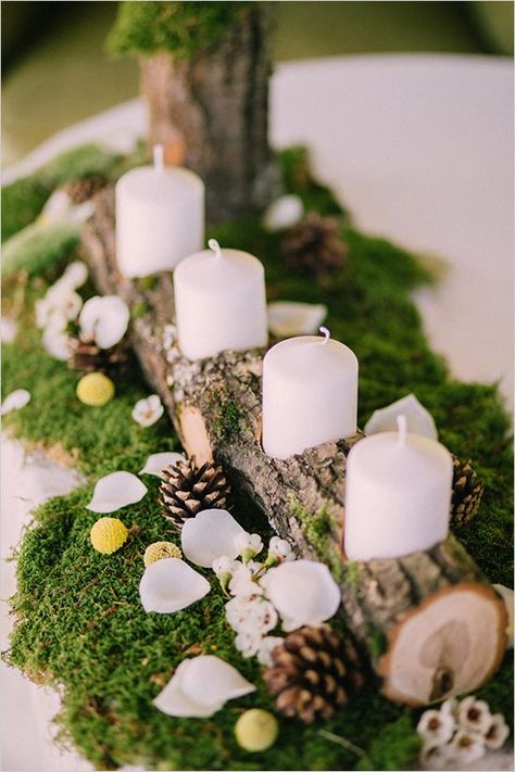 29 Budget-Friendly Moss Wedding Décor Ideas Branch Centerpieces Wedding, Enchanted Forest Decorations, Christmas Wedding Centerpieces, Moss Wedding, Winter Wedding Table, Branch Centerpieces, Wedding Branches, Rustic Wedding Decorations, Rustic Winter Wedding