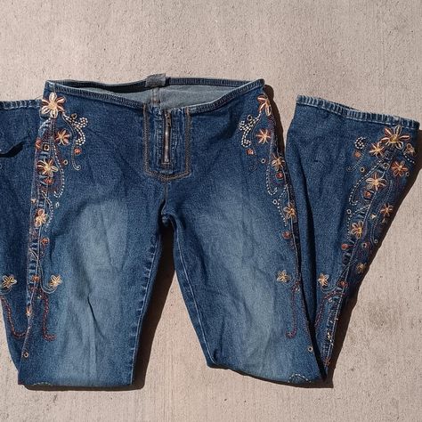 00's/90s vintage low rise embroidered flare jeans... - Depop 2024 Style, Low Rise Jeans, 90s Vintage, Y2k Vintage, Floral Embroidery, Flare Jeans, Low Rise, Embroidery Designs, Embroidery