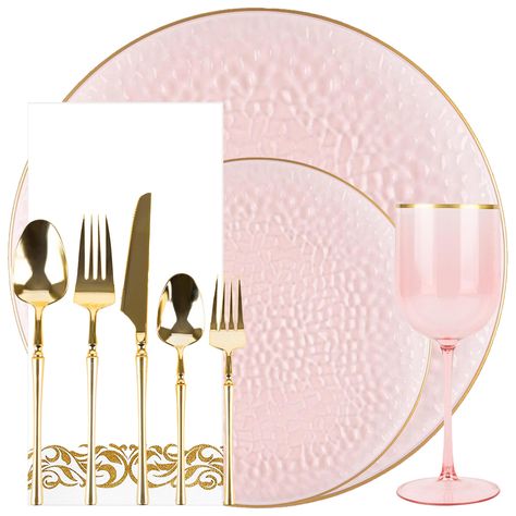 Plastic Party Plates Household Supplies Disposable Plastic Plates Bbq plates fancy disposable plates heavy duty plates classic elegant sturdy plates reusable wedding dinner salad dessert plates catering high quality birthday anniversary plating Wedding Plate Setting, Gold Border Design, Pink Tablescape, Gold Table Setting, Pink Wine Glasses, Floating Candle Centerpieces, Disposable Plastic Plates, Light Pink Wedding, Weddings Receptions