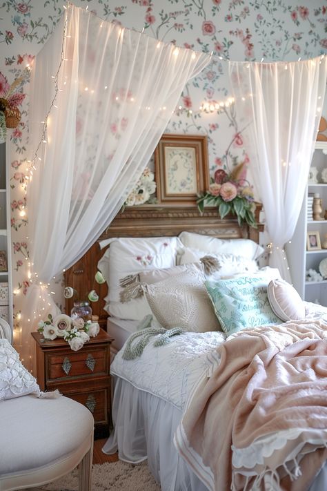 Transform Your Bedroom into a Floral Paradise: Cozy & Romantic Decor Ideas Beige Room Decor, Enchanting Bedroom, Decorated Bedroom, 2024 Living Room, Beige Room, White Drapery, Romantic Backdrop, Bedroom Oasis, Tranquil Retreat