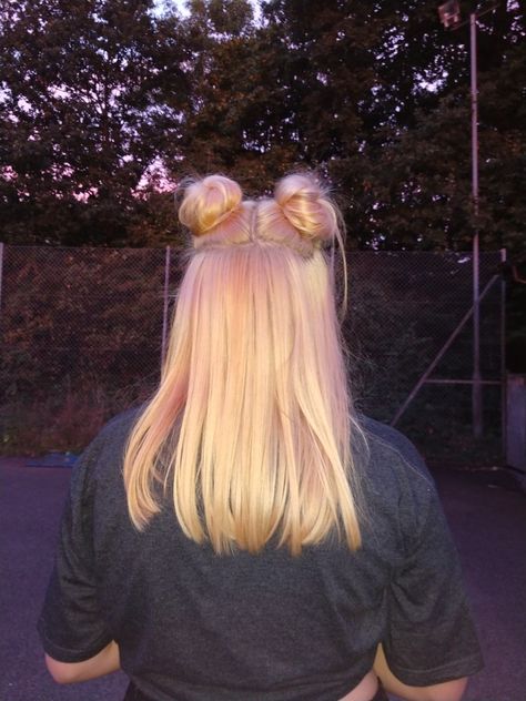 Two Half Buns Hairstyle, Cute Half Up Half Down Space Buns, Blonde Space Buns Aesthetic, Straight Hair Space Buns, Space Buns Straight Hair, Two Space Buns Half Down, Space Buns Half Up Half Down Short Hair, Half Up Space Buns Long Hair, Pig Tails Half Up Half Down