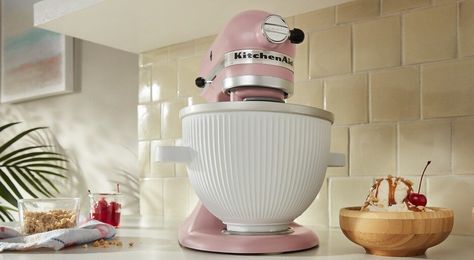 Pink KitchenAid® stand mixer next to ice cream sundae Ice Cream Kitchenaid, Pink Kitchenaid, Homemade Vegan Ice Cream, Kitchenaid Blender, Vegan Ice Cream Recipe, Gluten Free Ice Cream, Countertop Appliances, Kitchenaid Stand Mixer, Ice Cream Recipe