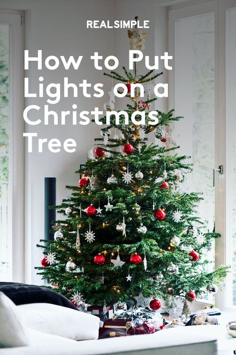 How to Put Lights on a Christmas Tree | Learn how to string lights on a Christmas tree so they can be removed and adjusted easily. Click here for this holiday how-to and more holiday decor ideas. #realsimple #holidayideas #howto #diydecor #decorideas #holiday Fresh Christmas Tree Decorations, How To String Lights On Christmas Tree, Christmas Lights Outdoor Trees, Hanging Tree Lights, Christmas Tree Gif, Christmas Palm Tree, Christmas Decs, Live Christmas Trees, Hanging Christmas Lights