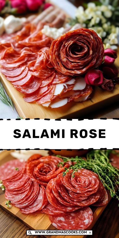 Elevate your charcuterie game with this Salami Rose Board! Featuring beautiful salami roses paired with cheeses, fruits, and crackers, it’s a showstopping appetizer that’s as delicious as it is elegant. All Meat Charcuterie Board, Charcuterie Board With Salami Roses, Salami Rose Charcuterie, Charcuterie Rose How To, Charcuterie Board Rose, How To Fold Salami For Charcuterie, Salami Flowers, Charcuterie Centerpiece, Italian Apps