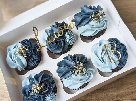 Blue Cupcake Decorations, Man Birthday Cupcakes, Blue Cupcakes For Men, Navy And Dusty Blue Cupcakes, Happy Birthday Cupcakes For Men, Blue Cupcake Ideas Birthday, Blue And Silver Cupcakes, Cupcake Designs For Men, Birthday Cupcakes Ideas For Men