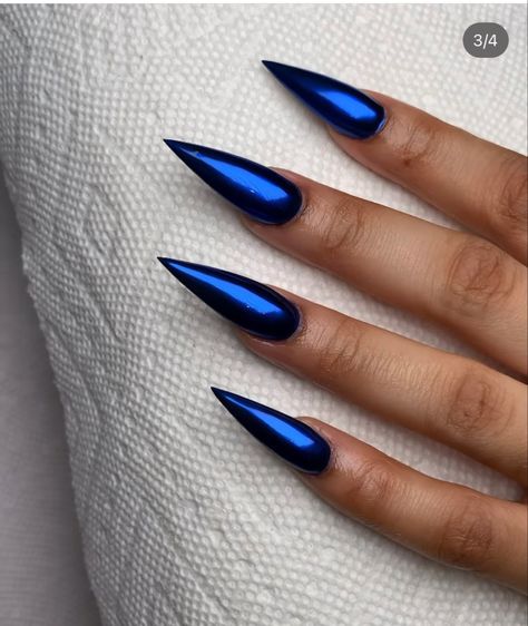 Blue Electric Nails, Crom Nails, Electric Blue Nails, Gold Stiletto Nails, Blue Stiletto Nails, Blue Chrome Nails, Dark Blue Nails, Long Stiletto Nails, Sharp Nails