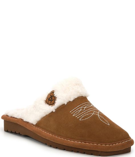 From Ariat Women's, the Jackie Square Toe Suede Slippers feature: Suede upper Slip-on closure Faux single-stitch welt finishingFaux fur lining EVA outsole Imported. Cowboy Boot Slippers, Western Slippers, Ariat Slippers, Western Closet, Ariat Women, Western Wear Outfits, Pretty Shoes Sneakers, Ariat Boots, Twinkle Toes