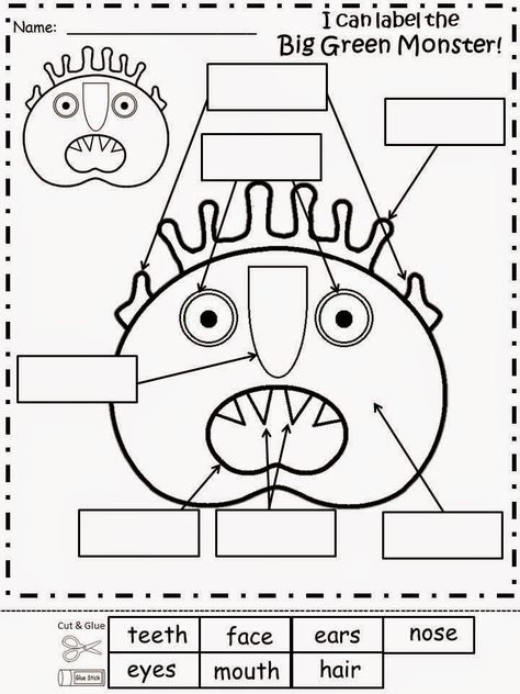 Free:  Go Away Big Green Monster (by Ed Emberly) Labeling Sheet.  Not For Profit...For Educational Purposes Only. Enjoy! Regina Davis aka Queen Chaos at Fairy Tales and Fiction By 2. The Colour Monster Goes To School Activities, Monster Worksheet, Big Green Monster Activities, Monster Literacy Activities, Create A Monster Printable, Big Green Monster, Monster Activities, October Classroom, October School