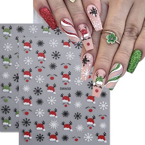 3D Christmas Gillter Nail Art Sticker 3D Winter Antler Snowflake Elk Reindeer Snowman Hat Decal Red And Green Christmas Nails, Green Christmas Nails, Snowman Nail Art, Deer Nails, Diy Nails Easy, Xmas Nail Designs, Snowflake Nail Design, Snowman Nails, New Year Diy