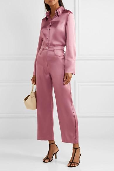 Silk Trouser And Top, Trouser And Top, Top Net, Satin Trousers, Satin Shirt, Looks Chic, Long Gown, Pink Satin, Straight Leg Pants