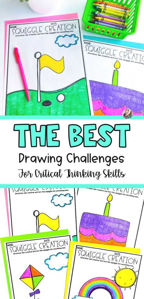 Engage your students and help them develop critical thinking skills with these squiggle drawing challenges! Your classroom students will love these coloring and drawing activities. Use them for morning work, early finishers, brain breaks, and more. These no prep printables are perfect for kindergarten, 1st grade, and 2nd grade kids. They are great for enhancing critical thinking skills and are no prep. Learn more here! Squiggle Drawing, Critical Thinking Skills Activities, 1st Grade Crafts, Math Early Finishers, Space Crafts For Kids, Drawing Challenges, Critical Thinking Activities, Early Finishers Activities, Elementary Activities