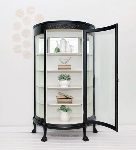 Black and White Poly Curio Cabinet | General Finishes Design Center Curio Cabinet Makeover Black, Antique Cabinet Makeover, Curio Cabinet Redo, White Curio Cabinet, Curio Makeover, Painted Curio Cabinets, Curio Cabinet Makeover, Gin Cabinet, Muebles Shabby Chic