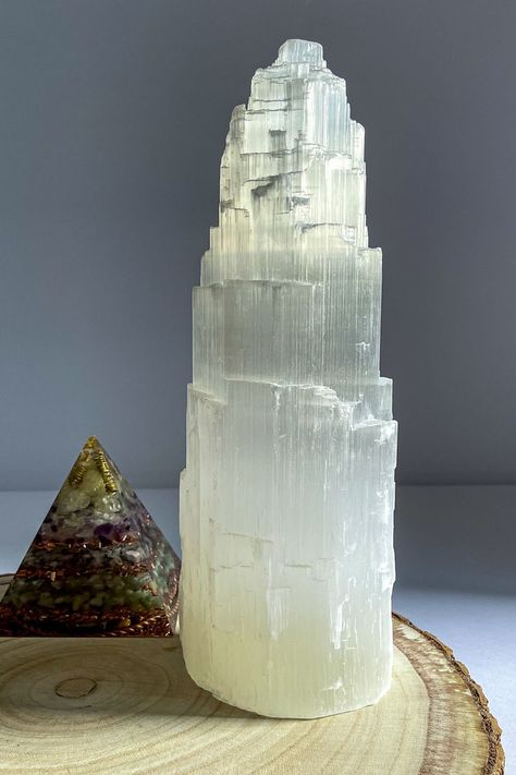 Selenite crystal Tower and Orgone generator with Amethyst and Citrine Crystals Selenite Crystal Decor, Selenite Tower, Selenite Affirmation Crystals, Selenite Sphere, Selenite Lamp, Geometry Design, Selenite Crystal, Spiritual Connection, Sacred Geometry