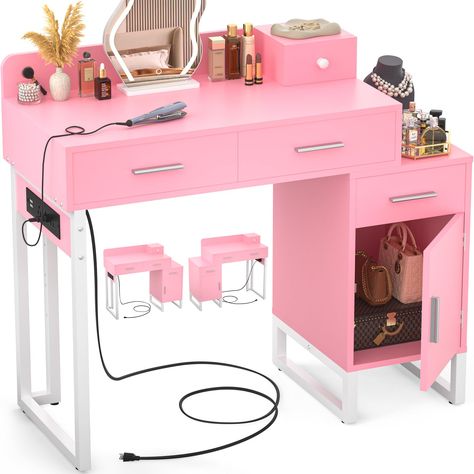 PRICES MAY VARY. Makeup Vanity with Large Storage Space: Want to organize your cosmetics? Our pink vanity desk with 4 drawers and 1 cabinet are more than most vanity desks, provide huge and organized storage for your beauty supplies and cosmetics. Come with adjustable divided organizers, can help separate and categorize your cosmetic, keeping them clean and well organized. Vanity Desk with Charging Station: Come with updated design charging station with 3 AC outlets and 2 USB ports, you can easi Boutique Office Ideas, Diy Girls Vanity, Organized Vanity, Vanity Desks, Girls Vanity, Modern Makeup Vanity, Table With Charging Station, Makeup Vanity Table, Modern Makeup