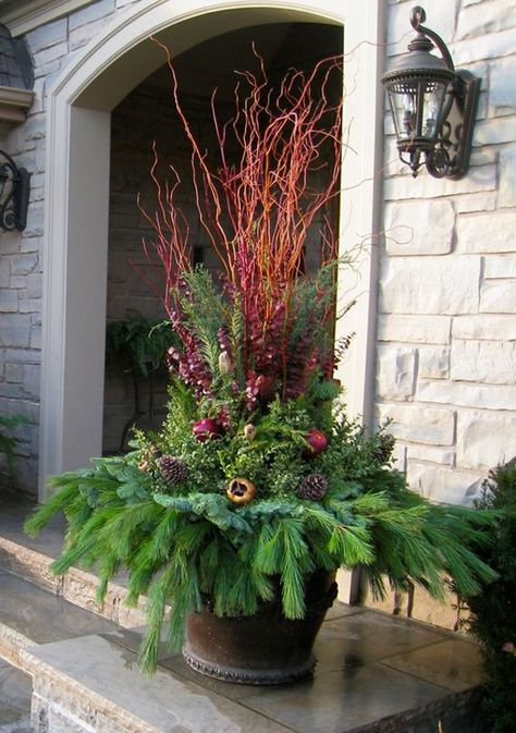 20 Most Amazing Outdoor Winter Planters For Christmas Season | HomeMydesign Outdoor Holiday Planters, Container Arrangements, Winter Container Gardening, Christmas Urns, Outdoor Christmas Planters, Winter Floral Arrangements, Holiday Planter, Winter Arrangements, Winter Planter