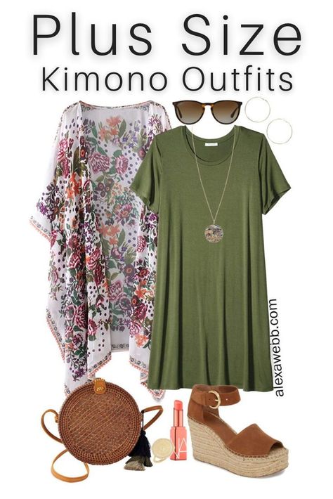 Plus Size Beach Vacation Outfits with a t-shirt dress, boho kimono, straw rattan crossbody, and platform espadrilles - Alexa Webb Plus Size Beach Vacation Outfits, Look Hippie Chic, Alexa Webb, Look Boho Chic, Plus Size Beach, Plus Size Summer Outfits, Beach Vacation Outfits, Look Plus Size, Platform Espadrilles