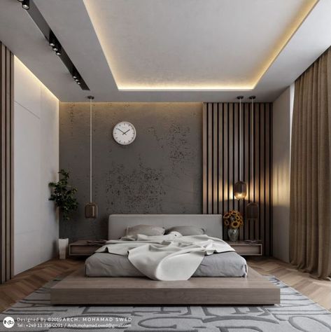 Grey False Ceiling, Master Room Modern, Bedroom Wallpaper Design, Wallpaper Design Ideas, Wallpaper Design For Bedroom, Unique Bedroom Design, Nails Home, Hotel Room Design, Minimalist Bedroom Design