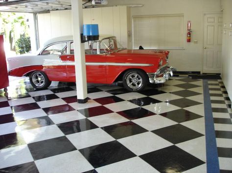 painting linoleum floor- black and white - Google Search- like the blue stripe Garage Marble Floor, Vinyl Flooring Garage, Checkerboard Garage Floor, 50s Garage, Metallic Garage Floor, Painting Linoleum, Garage Floor Tiles Lowe's, Racedeck Garage Flooring, Slate Floor Kitchen