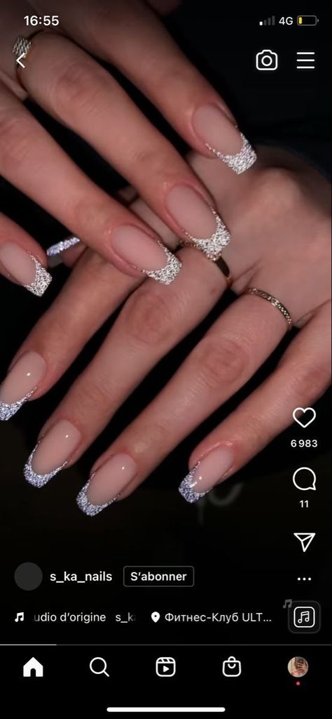 Nails White Tip With Glitter, Silver Sparkly Prom Nails, Silver Glitter Prom Nails, Sparkly Hoco Nails, Acrylic Nails For Hoco, Silver Formal Nails, Hoco Nails Silver, Nude Silver Nails, Formal Nails Prom