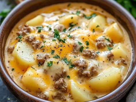 Cheesy Hamburger Potato Soup - Tastecove Cheeseburger Soup Recipes Easy, Creamy Hamburger Soup, Cheesy Hamburger Soup, Hamburger And Potato Soup, Cheesy Hamburger Potato Soup, Burger Soup Recipes, Potato Hamburger Soup, Cheese Burger Soup, Burger Soup